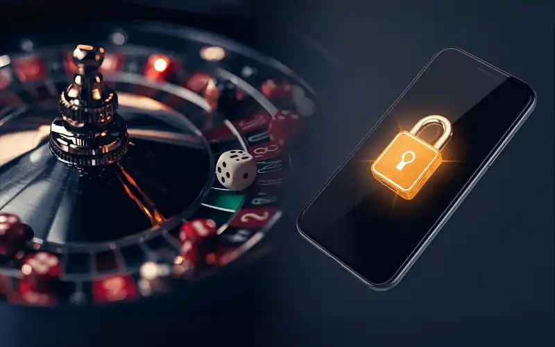 : A roulette wheel and dice symbolizing risk, paired with a smartphone secured with a padlock and shield, representing “bangla game login” security.