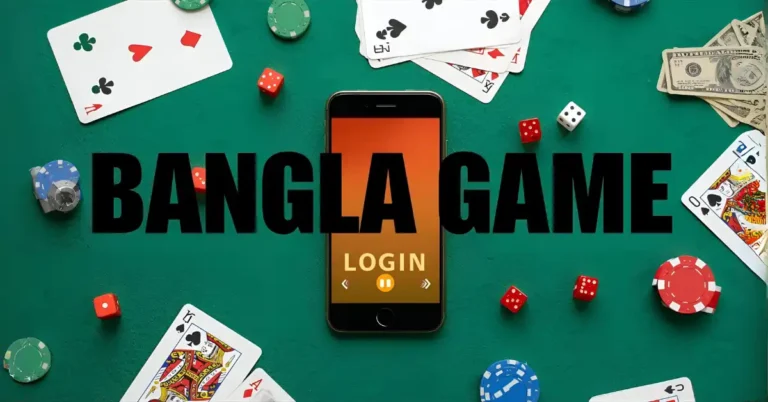 Cards, chips, dice, and money displayed on a smartphone with the text “bangla game login”.