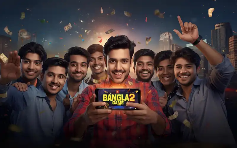 Young people in Dhaka celebrating with a smartphone, screen glowing with signs of winning—confetti, money, and casino symbols, with “bangla game login” overlay.